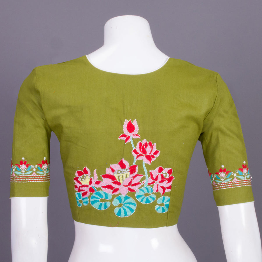 Green Kantha Embroidered Cotton Blouse 10068983 - Avishya