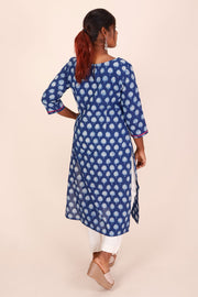 Indigo Dyed & Embroidered Dabu Printed Cotton Kurta 10068990 - Avishya