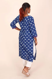 Indigo Dyed & Embroidered Dabu Printed Cotton Kurta 10068995 - Avishya