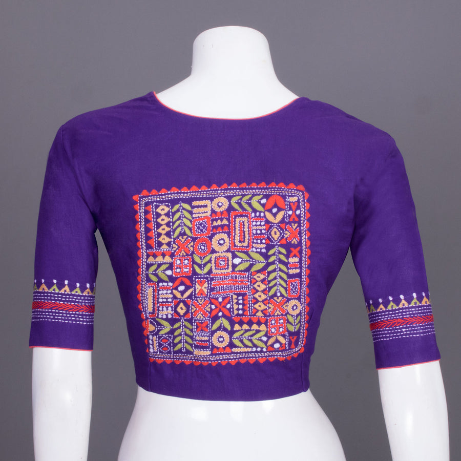 Purple Kantha Embroidered Cotton Blouse 10069524 - Avishya