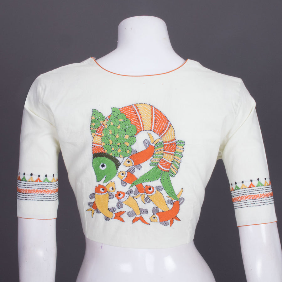 Cream Kantha Embroidered Cotton Blouse 10069526 - Avishya