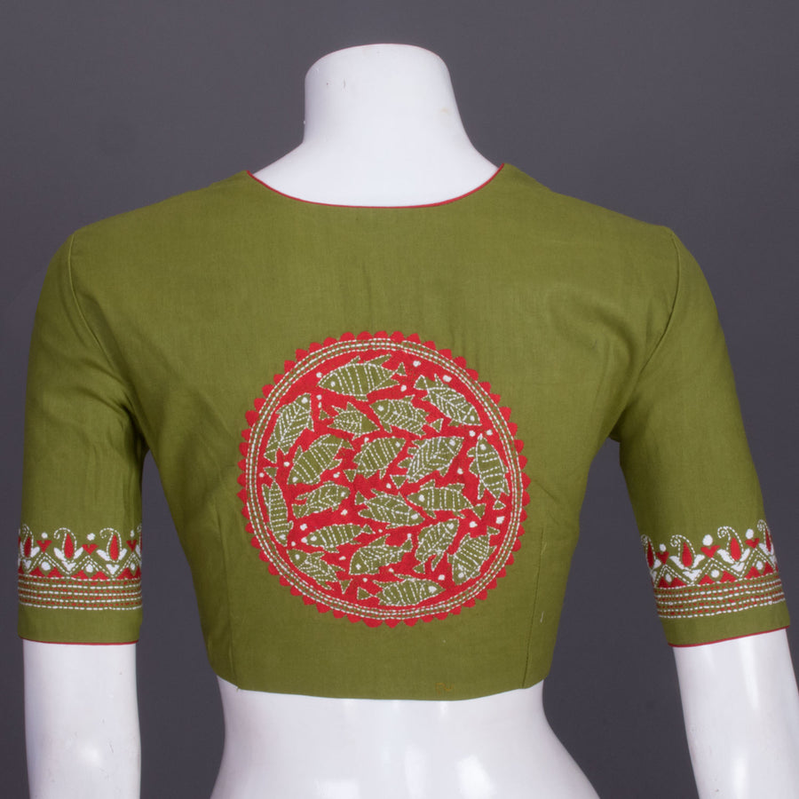 Green Kantha Embroidered Cotton Blouse 10069532 - Avishya