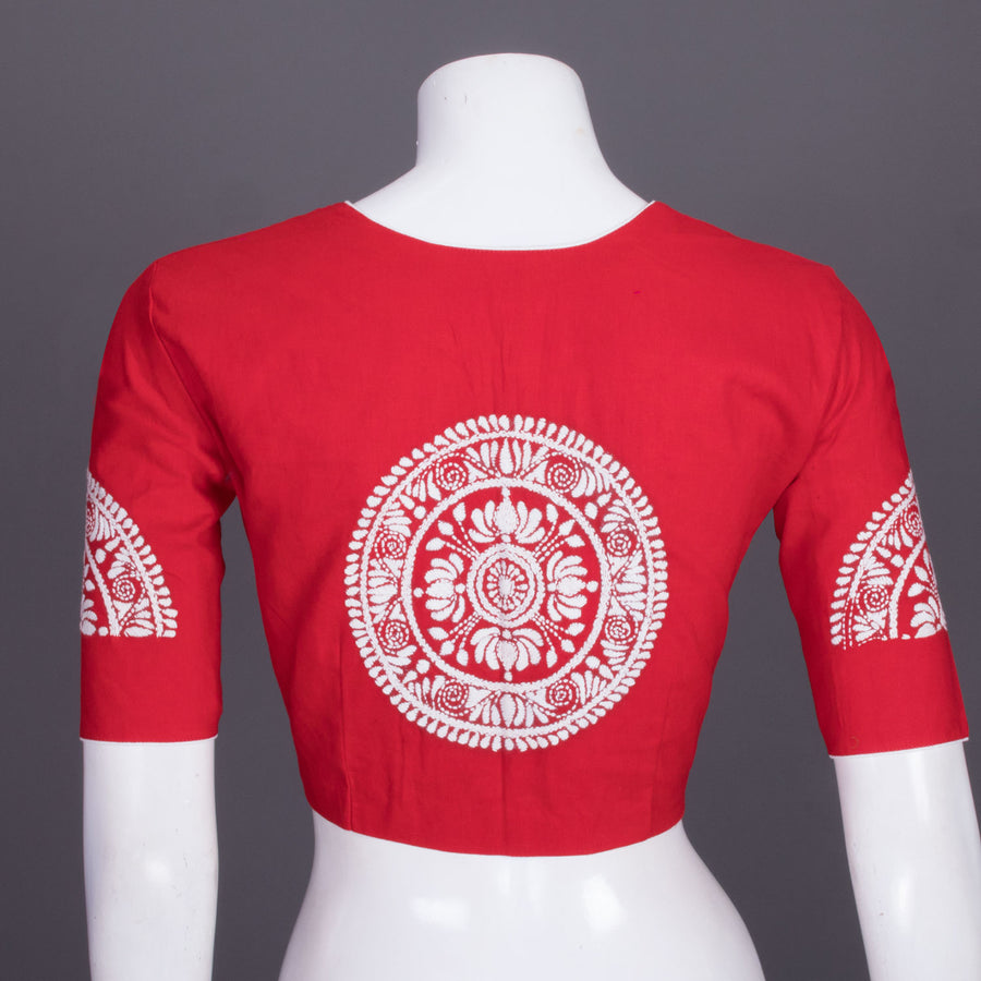 Red Kantha Embroidered Cotton Blouse 10069534 - Avishya
