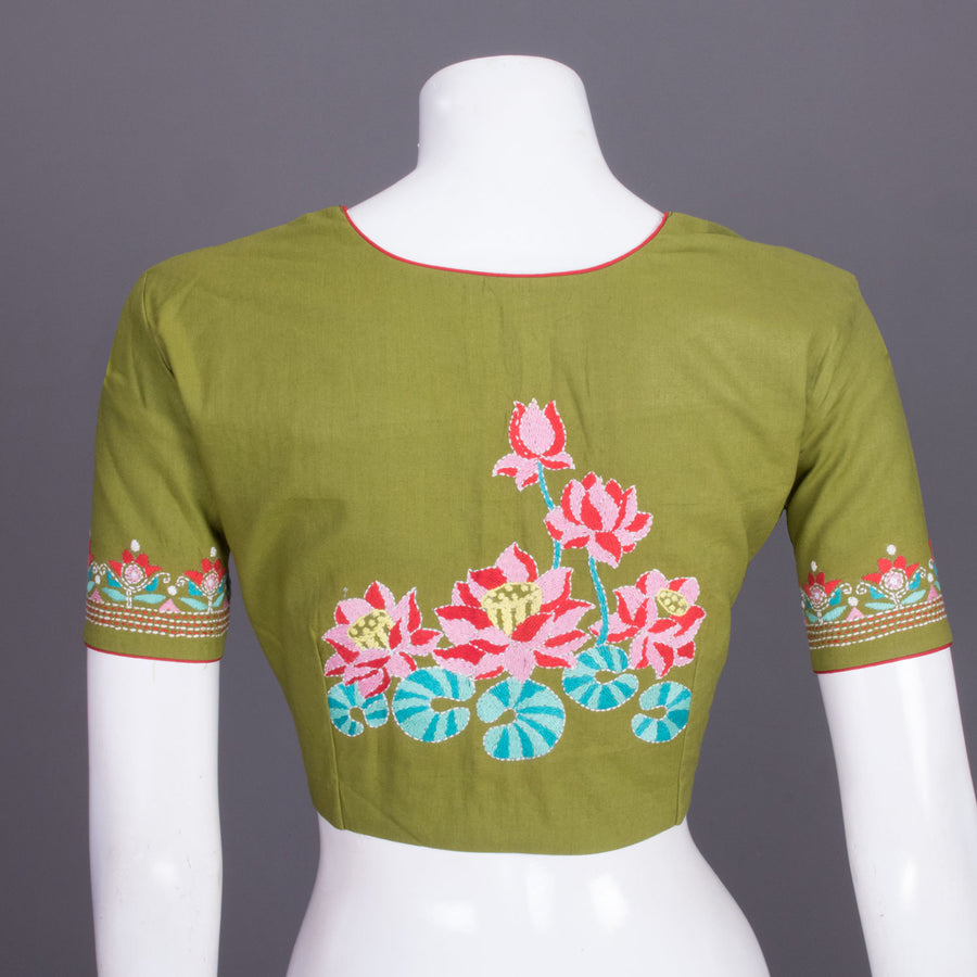 Green Kantha Embroidered Cotton Blouse 10069536 - Avishya