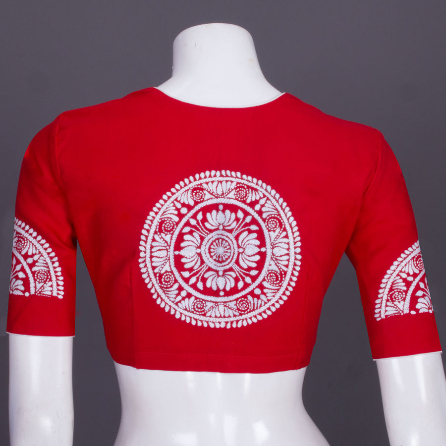 Red Kantha Embroidered Cotton Blouse 10069541 - Avishya