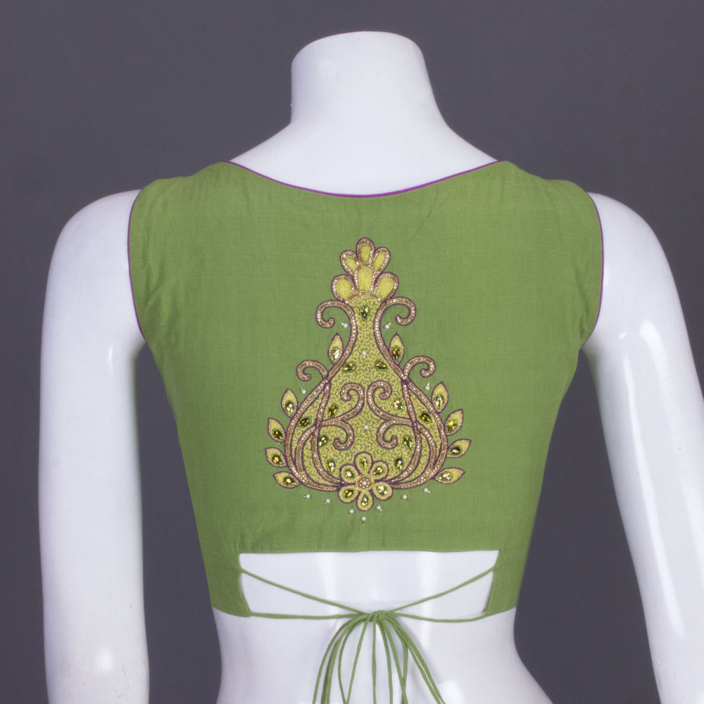 Green Aari Embroidered Mangalgiri Cotton Blouse 10069976 - Avishya