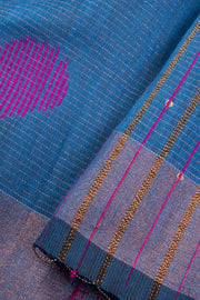 Cobalt Blue Bengal Phulia Silk Cotton Saree With sequin embellished Pallu 