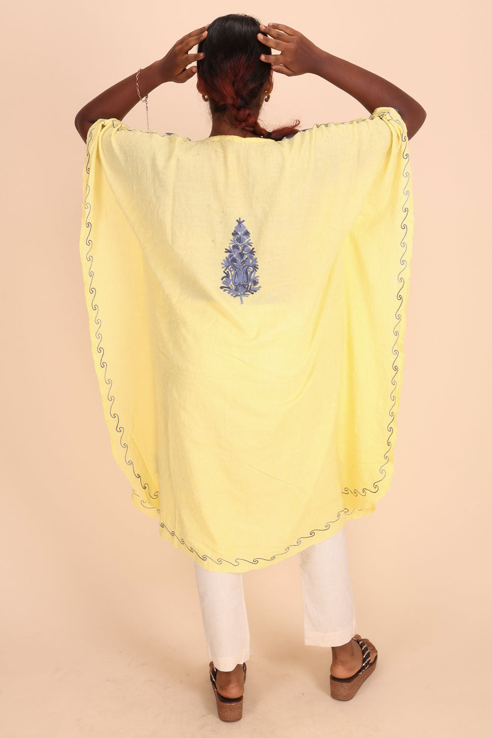 Lemon Yellow Sozni Embroidered Cotton Kaftan 10070450