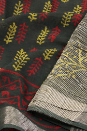 Dark Green Hand Block Printed linen saree