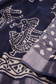 Blue Hand Block Printed linen saree 