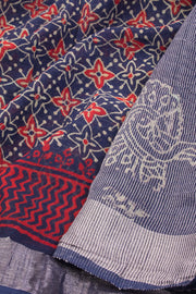 Blue Hand Block Printed linen saree - Avishya 10070882