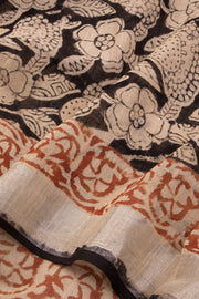 Black Hand Block Printed linen saree