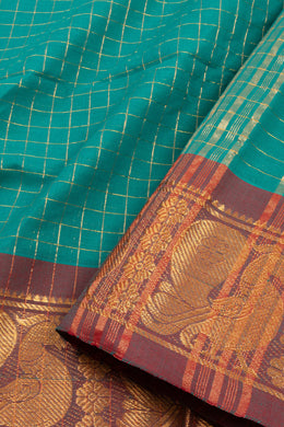 Seagrass Teal Green Handloom Kanchi Cotton Saree With Peacock Zari Border 10076591