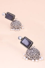 Oxidised Black Stone Dome Jhumka