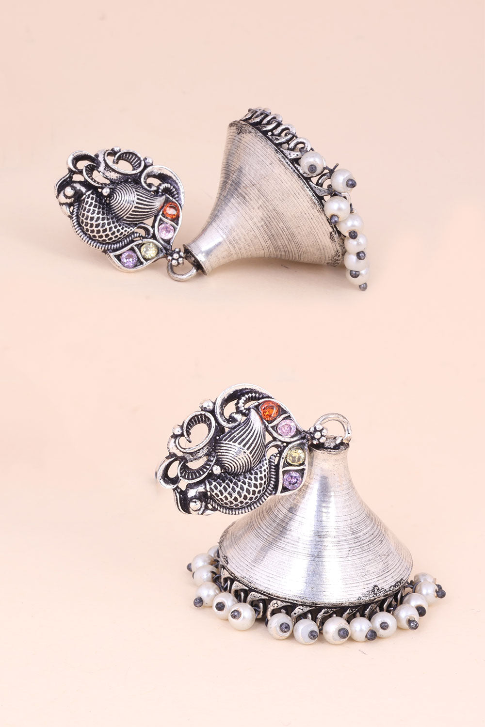 White - Saanjh Bela Peacock Motif Oxidised Earrings main image 0