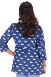 Indigo Crane Motif Hand Block Printed Cotton Kurti 10072060