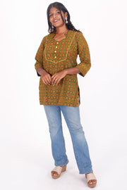 Bronze Yellow Ajrakh Printed Cotton Kurti 10072369