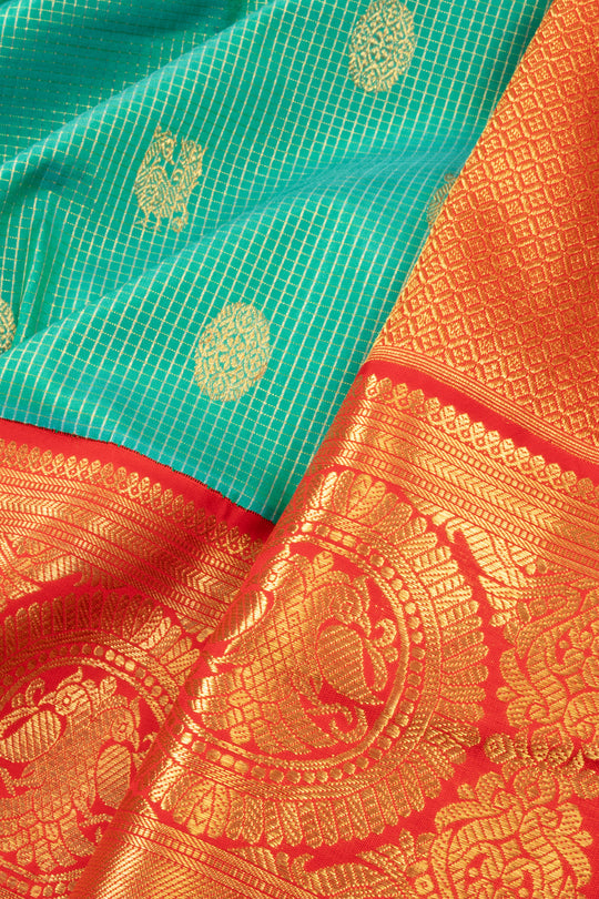 Teal-Green Checks Readymade/Easy Kanjivaram Saree