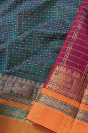 Dark Teal Blue Thousand Buttas Chettinad Cotton Saree 10073623