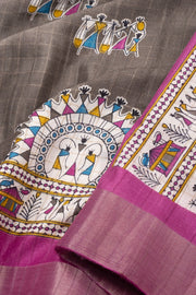 Grey Warli Tribal Printed Tussar Silk Saree 10074014