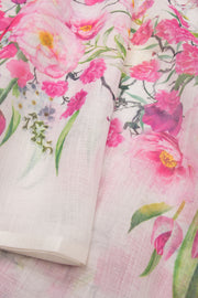 White Floral Printed Linen Saree 10074020