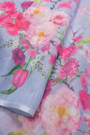 Blue Floral Printed Linen Saree 10074021