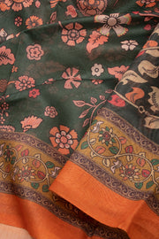 Green Kalamkari Printed Malai Cotton Saree 10074686