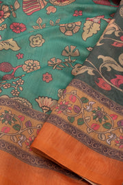 Green Kalamkari Printed Malai Cotton Saree 10074692