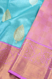 Ice Blue Korvai Kanjivaram Pure Zari Handloom Tissue Silk Saree with Floral Motifs and Contrast Pink Border 10074755