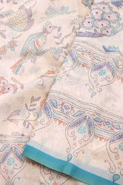 Cream Kalamkari Kantha Printed Malai Cotton Saree 10074902