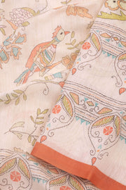 Cream Kalamkari Kantha Printed Malai Cotton Saree 10074903