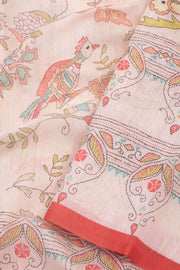 Cream Kalamkari Kantha Embroidery Printed Malai Cotton Saree 10074904