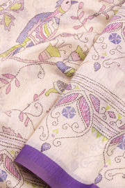 Cream Kalamkari Kantha Printed Malai Cotton Saree 10074905