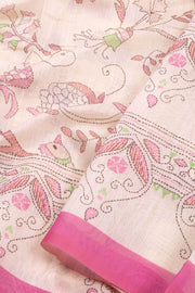 Cream Kalamkari Kantha Printed Malai Cotton Saree 10074906