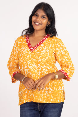 Yellow Batik Printed Rayon Kurti 10076410