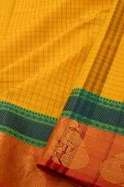 Golden Yellow Handloom Kanchi Cotton Saree with Checks And Peacock Border 10076459
