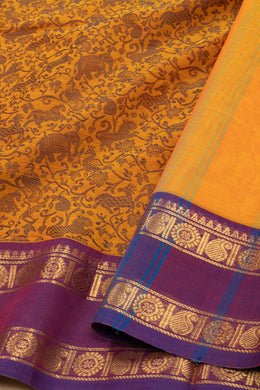 Amber Glow Orange Handloom Vanashringaram Kanchi Cotton Saree with Temple And Paisley Zari Border 10076464