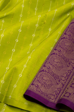 Lime Gold Green Borderless Handloom Kanjivaram Silk Saree With Contrast Royal Berry Purple Pallu 10076555