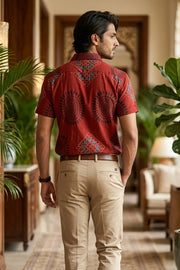 Red Half Sleeve Ajrakh Printed Cotton Mens Shirt 10076828