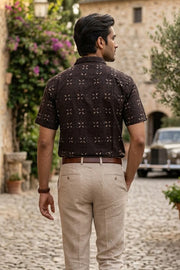 Brown Half Sleeve Ajrakh Printed Cotton Mens Shirt 10076829