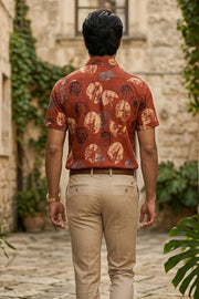 Rust Red Half Sleeve Ajrakh Printed Cotton Mens Shirt 10076831