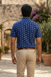 Dark Blue Indigo Handblock Print Cotton Mens Half Sleeve Shirt 10076839