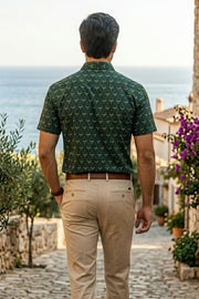 Green Indigo Handblock Print Cotton Mens Half Sleeve Shirt 10076844