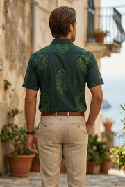 Green Indigo Handblock Print Cotton Mens Half Sleeve Shirt 10076846
