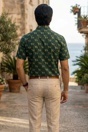 Green Indigo Handblock Print Cotton Mens Half Sleeve Shirt 10076847