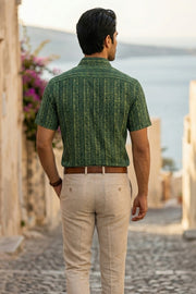 Green Indigo Hand block Print Cotton Mens Half Sleeve Shirt 10076848