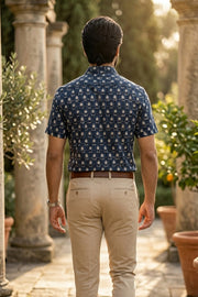 Blue Jahota Printed Half Sleeve Cotton Men's Shirt 10076851