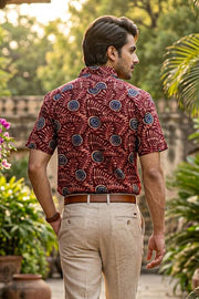 Red Half Sleeve Batik Printed Cotton Mens Shirt 10077079