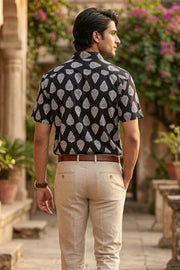 Black Half Sleeve Hand Block Printed Cotton Mens Shirt 10077080