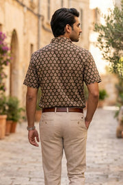 Olive Green Half Sleeve Hand Block Printed Cotton Mens Shirt 10077081